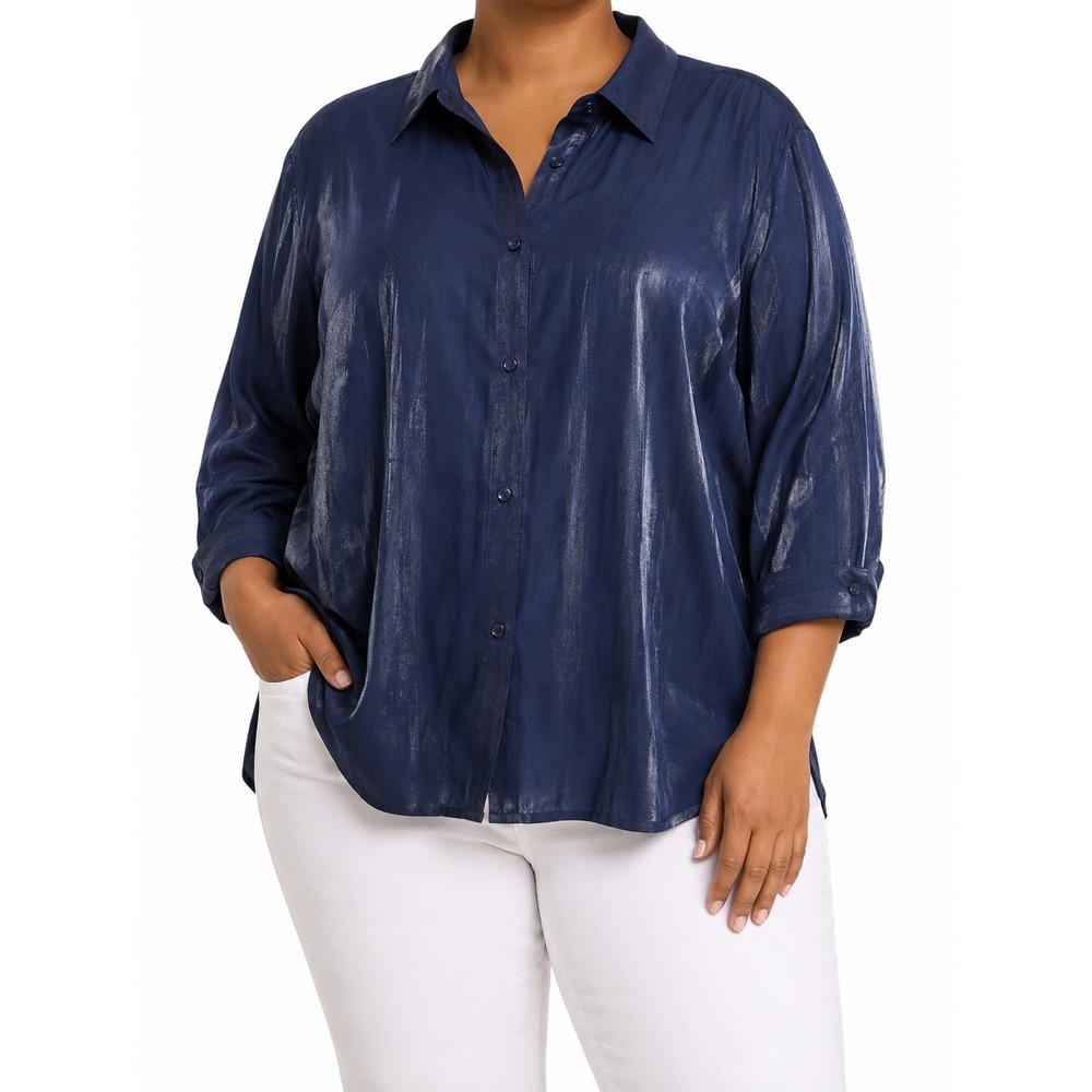 Bentley Blues Navy Blue Iridescent Metallic Button Down Blouse Plus Size 22W